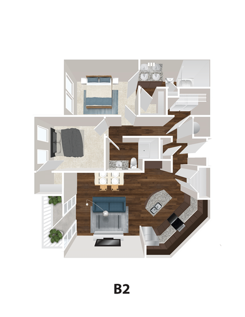 A top down view of apartment B2 showing a living room, kitchen, and two bedrooms.
